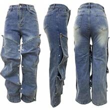Women Cargo Jeans High Waisted Straight Wide Leg Jeans Pants Button Detachable Denim Cargo Trousers - 01天藍色 - 查看 9