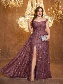 [随机印花] UNITHORSE Plus 女士抹胸褶饰胸背带设计飘逸开衩优雅晚礼服 - 中紫紅色 - 查看 3