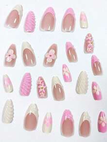 24Pcs Minimalism Style Yellow & Pink Flower Decor French Manicure Medium Almond Shaped Artificial Nail Tips, Suitable Office Ladies, Daily Wear, Dates, Afternoon Tea, Outdoor Activities Press On Nails Nail Supplies Nails - Nhiều màu 7 - Xem 4