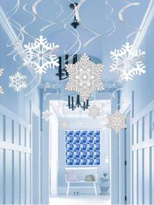 30pcs-Winter Snowflake Hanging Swirl Decorations, White Silver Christmas Glitter Snowflake Hanging Swirl Decorations, Hanging Streamers For Christmas Winter Wonderland, Frozen New Year Birthday Party Supplies, Snowflake Hanging Swirls And Charm Decorations, Winter Party Wonderland Christmas Day Decorations. - Multicolor - View 2