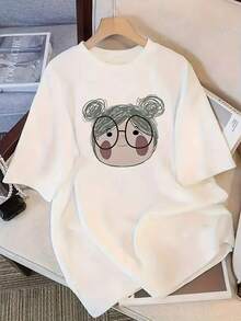 Camiseta de algodón con estampado niña con chonguitos y lentes casual de moda para mujer - Blanco - Ver 1