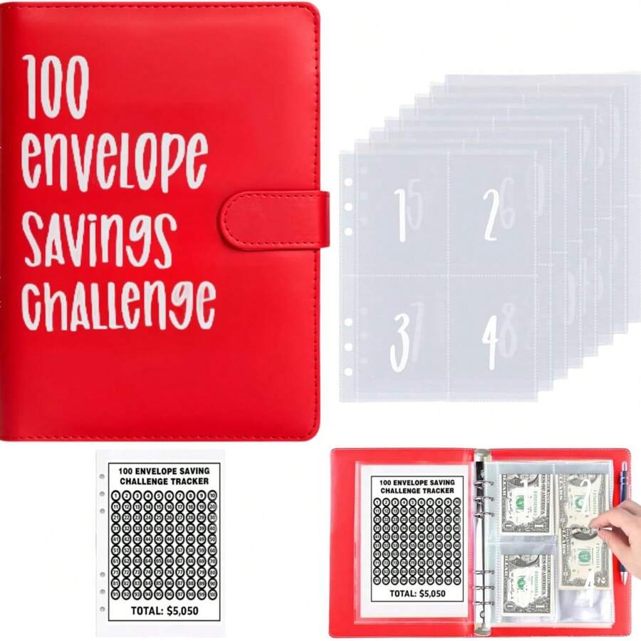 KKC 100 Envelopes Money Saving Challenge - A5 Money Saver Budget Binder Book With Cash Envelopes And Numbers, 100-Days Of Easy And Funny Ways To Save $5,050 Cash Envelope Challenge Binder - 紅色 - 查看 1
