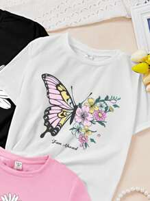 Conjunto de 3 piezas informal y minimalista para mujer con estampado de mariposa y flor, camiseta de cuello redondo, manga corta para verano - Rosa - Ver 4