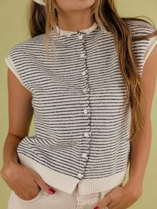 Women Short Rolle Sleeve Basic Knitted T-Shirt Casual Button Up Knit Vest Tops - Multicolor - View 1