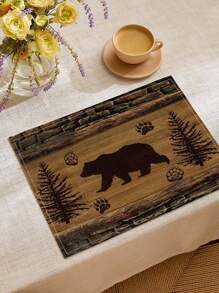 1pc Bear Pattern Printed Table Runner, 4/6/8pcs Matching Bear Printed Placemats, Suitable For Festivals, Parties, Birthdays, Dinners, Kitchen & Dining Room Table Decor, All Seasons Home Decoration