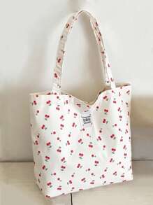 Borsa a secchiello ampia a tracolla con stampa di ciliegie, semplice, adatta a studenti e ragazze, borsa a tracolla per la scuola