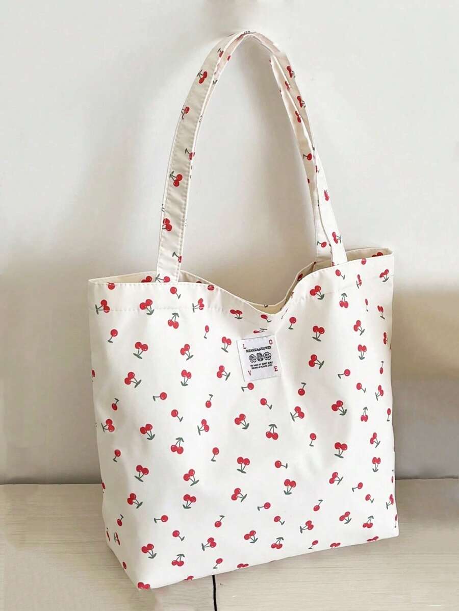 Borsa a secchiello ampia a tracolla con stampa di ciliegie, semplice, adatta a studenti e ragazze, borsa a tracolla per la scuola