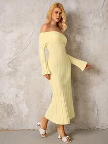 PARTHEA Off Shoulder Knit Solid Color Bodycon Off Shoulder Sweater Dress - Yellow - View 7