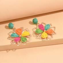 1 Pair Versatile Raffia Hollow Flower Straw Earrings, Casual Resort Style, Colorful Woven Floral Pendant Earrings, Fashionable & Unique, Suitable For Women Daily Wear & Holiday