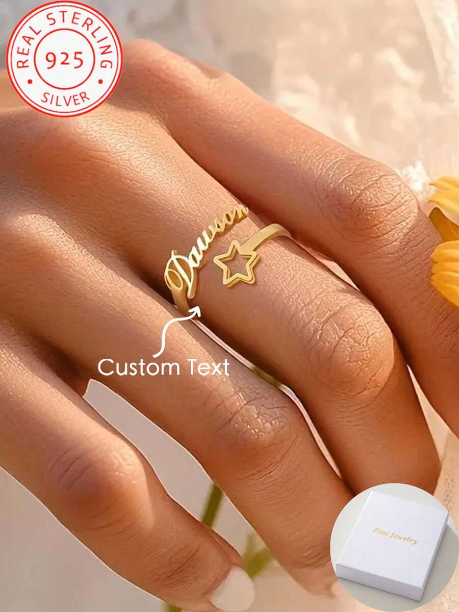 One Piece 925 Silver Custom English Name Opening Ring, Adjustable Gold Jewellery, Wedding, Anniversary, Mother's Day And Teacher's Graduation Gifts, Elegant Design, Exclusive Personalised Jewellery