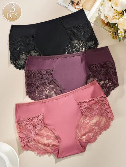 FOVTY 3 piezas/paquete Bragas de encaje sexy para mujer, cómodas para uso diario y ropa de estar en casa