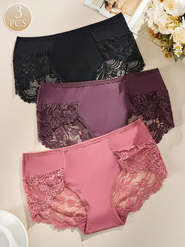 FOVTY 3 piezas/paquete Bragas de encaje sexy para mujer, cómodas para uso diario y ropa de estar en casa
