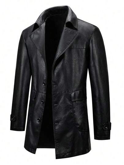 Men's Mid-Length Single-Breasted Lapel Jacket, Retro Minimalist Casual PU Coat