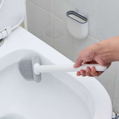 1set Upgraded Design Toilet Brush And Holder, White Plastic Material, Round Handle, Wall-Mounted Silicon Toilet Brush With Drip-Proof Stand