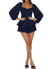 Womens Loose Shorts Jumpsuit, Solid Color Lantern Long Sleeve Square Neck Ruched Ruffled Playsuit - Navy Blue - View 3