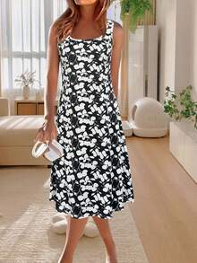 时尚印花无袖连衣裙，轻盈优雅，适合休闲外出、居家、旅行、工作、婚礼、派对、海滩、睡衣等多种场合，黑色夏季款。 - 黑色 - 查看 3