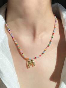 1pc European And American Style Shell Letter Pendant Collarbone Necklace With Crystal Beaded Chain, Super Shiny & Exquisite Alphabet Pendant Necklace, Stainless Steel Chain Accessories, Gift For Women - White - View 8