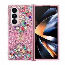 1pc Pearl Butterfly Rhinestone Hard Shell Phone Case Compatible With Samsung Galaxy Z Fold 7/6/5/4/3 5G Waterproof Shockproof Anti-Fall Scratch Resistant - Pink - View 2