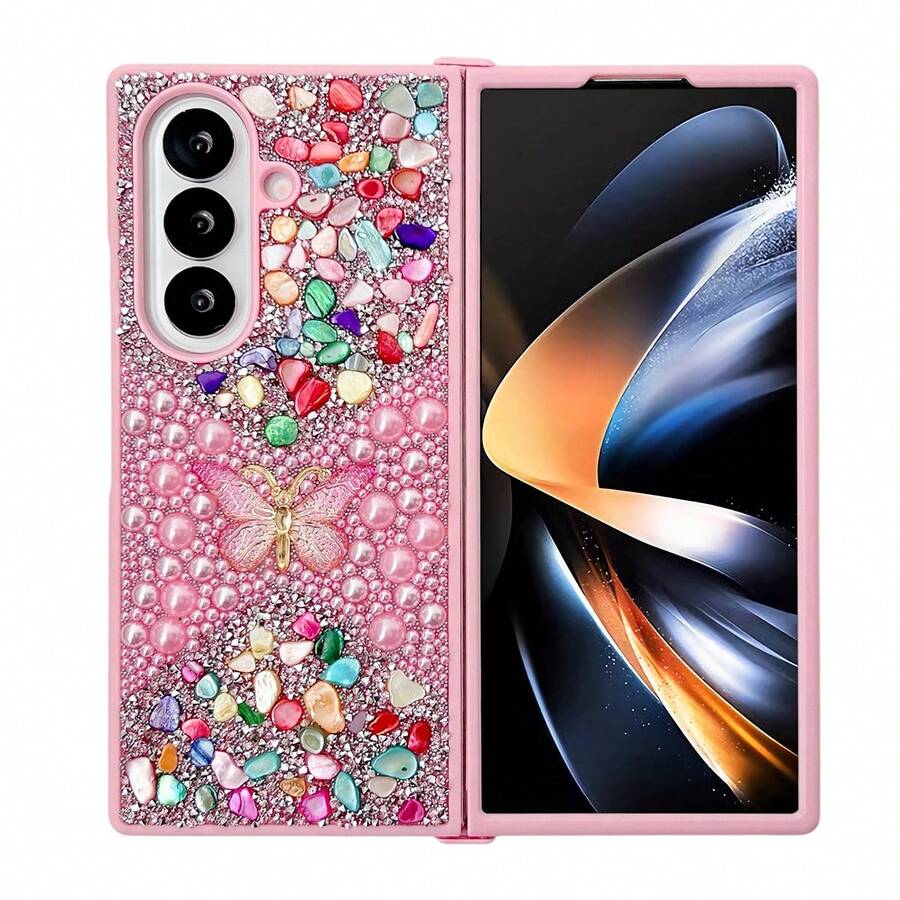 1pc Pearl Butterfly Rhinestone Hard Shell Phone Case Compatible With Samsung Galaxy Z Fold 7/6/5/4/3 5G Waterproof Shockproof Anti-Fall Scratch Resistant