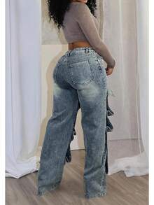 Women Cargo Jeans High Waisted Straight Wide Leg Jeans Pants Button Detachable Denim Cargo Trousers - 01天藍色 - 查看 7