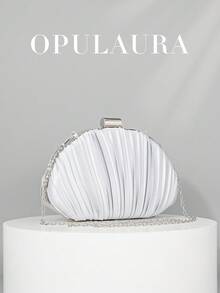 OpulAura 女士优雅/奢华褶皱缎面盒状手拿包，浪漫婚礼手提包，别致礼服钱包，简约杏色盒状包，配有可拆卸链条，适合作为节日礼物 - 銀色 - 查看 2