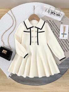 1pc Fashion Collared Black Trim Long Sleeve Knitted Dress, White Ruffled Sweater Dress' - Beige - View 1