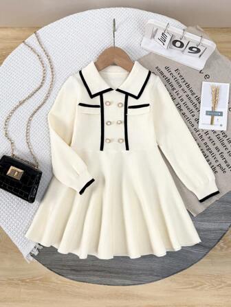 1pc Fashion Collared Black Trim Long Sleeve Knitted Dress, White Ruffled Sweater Dress'