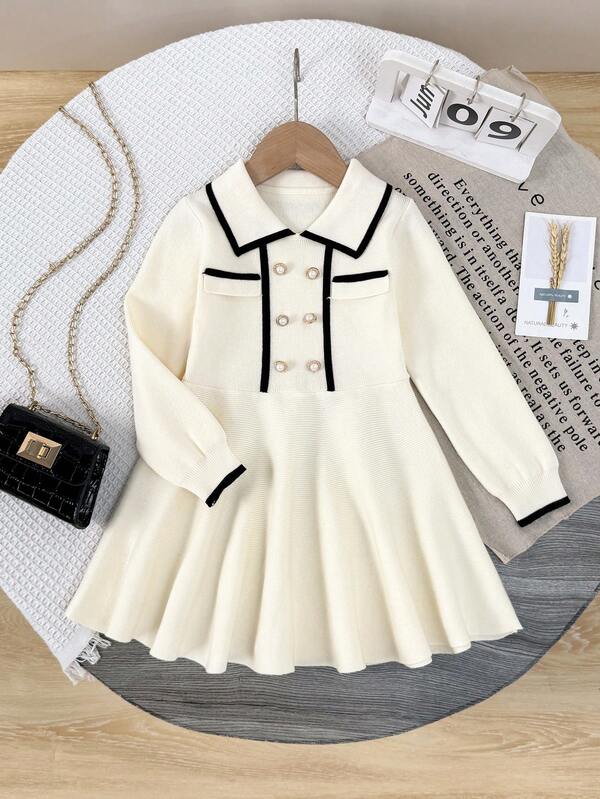 1pc Fashion Collared Black Trim Long Sleeve Knitted Dress, White Ruffled Sweater Dress'