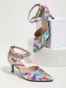 Scarpe da donna con tacco alto in raso con motivo floreale, chiuse sulla punta, con design traforato e versatili