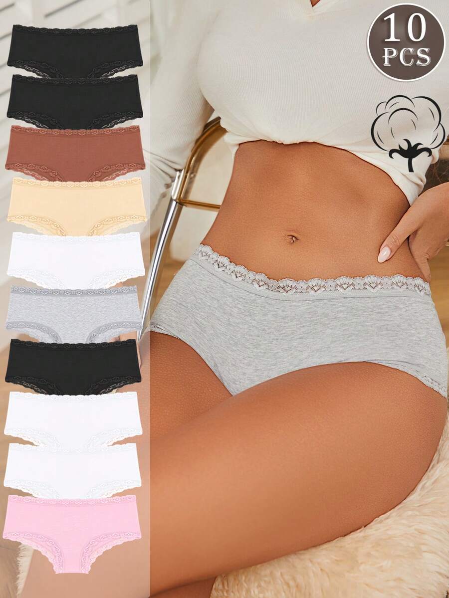 10pcs Ladies Multi-Color Cotton Lace Splicing Mature Charm Comfortable Breathable Low Waist Sexy Panties Ladies Underwear - 彩色 - 查看 1