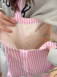 复古条纹帆布手提包，女士大容量条纹帆布手提包 - 时尚单肩包，适合旅行和购物，亮红色和白色条纹，大容量，百搭，可水洗 - 无扣，日常手提包，休闲日常手提包 - 彩色 - 查看 4