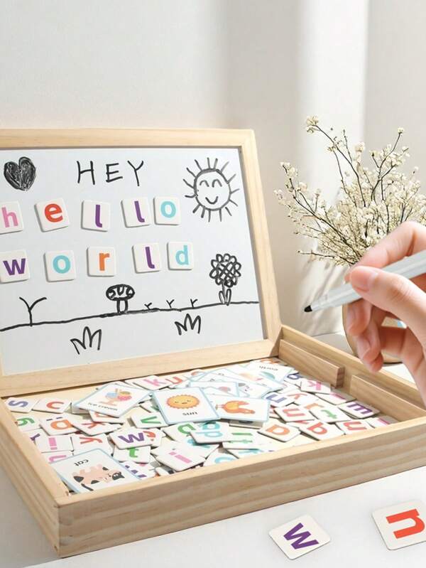 1 Set beinhaltet 1 Holzkiste mit 1 Stift, Whiteboard, Aufkleber, Holzmalbrett und Schreibbrett, wiederverwendbar, Lernspielzeug, Lehr-Werkzeug, Üben von Einzelschriftzeichen, geeignet als Geburtstags-, Feiertagsgeschenk, Kognitions-Entwicklungsspielzeug