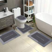 4-Piece Non-Slip Absorbent Microfiber Bathroom Rug Set, Super Soft Quick-Dry Bath Mats With U-Shaped Toilet Rug, Contour Mat, Minimalist "SHOWER ROOM" Design, Machine Washable, Home Hotel Dorm Bathroom Decor - Xám - Xem 5