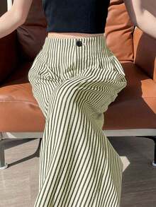 Quần dài cài nút họa tiết sọc màu tương phản dễ thương cho nữ mặc thường ngày/đi nghỉ/đi làm, mùa hè - xanh quân đội - Xem 4