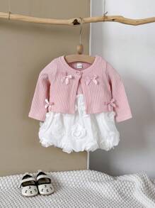 2pcs Baby Girls Sweet Headband Knit Cardigan & Rose Pattern Print Dress Set, Spring Autumn - Coral Pink - View 2