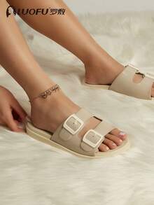 女士时尚平底拖鞋，户外沙滩拖鞋，时尚双扣拖鞋，室内防滑凉鞋 - 米色 - 查看 6