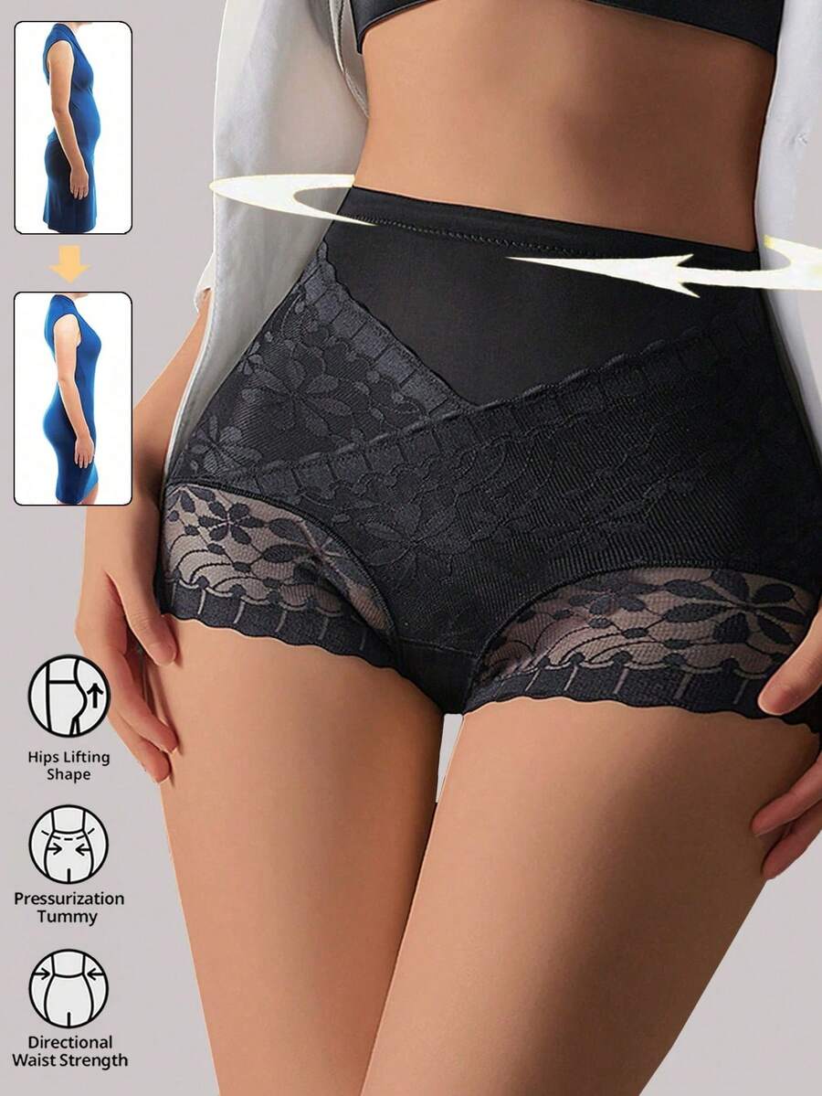 High Waist Slimming Lace Invisible Triangle Shapewear Pants For Women, Breathable Butt Lifting - Black - View 1