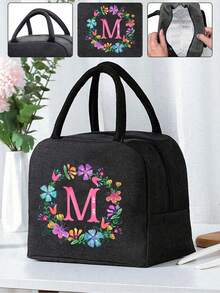 1pc Insulated Bag, Insulated Lunch Bag, With Colored Floral Initials A-Z, School Refrigerated Box, Handbag, Lunch Box, Ice Pack, Picnic Food Handbag, Floral Letter Patterned Lunch Box, Canvas Lightweight Portable Lunch Storage Bag, School Office Picnic Lunch Tote Bag (Black) Lunch Bag For Women Cooler Bag - Black - View 5