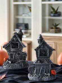 1pc Halloween Decor Black Cat Witch Ghost House Home Desktop Decoration, Resin Figurines, Suitable For Indoor Home Holiday Atmosphere, Outdoor Park Party Decorations Home Decor Room Decor - Multicolor - View 2