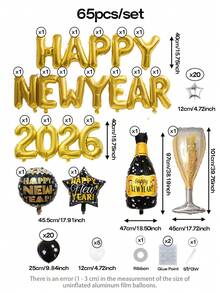 65pcs/Set HAPPY NEW YEAR 2026 Gold New Year Party Decorations, 16" Gold Letter Foil Balloon Banner, Giant Champagne Bottle & Glass Balloons, 18" Black & Gold Star/Round Celebration Balloons, 10" Black Latex Balloons, 5" Silver Star Balloons, For Christmas, New Year's Eve, New Year Celebration Decor, Room Decoration, Singles Party - 彩色 - 查看 3