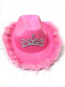 1pc Women's Autumn Party Rhinestone Pink Crown Cowboy Hat, Halloween Feather Edge Festival Party Hat Suitable For Daily Wear - Multicolor - View 6