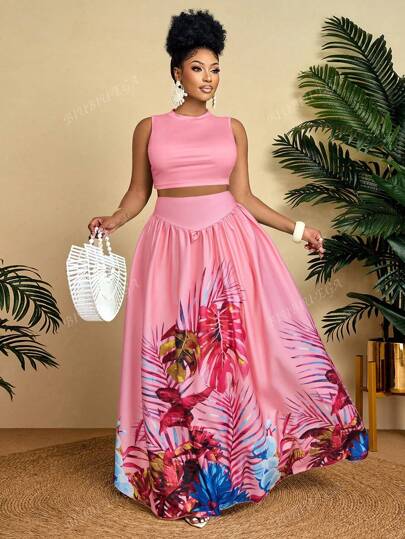 BIUBIU Women's Plus Size Plus Size Elegant & Holiday Casual Net Solid Color Sleeveless Vest And Tropical Coconut Tree Print Long Skirt 2 Pieces Set, Vacation, Summer,Tropical Healing( Positioning Print)