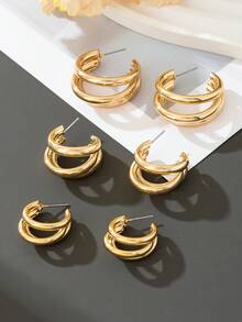 Bộ 3 đôi khuyên tai kim loại hình chữ C tối giản, nhỏ/trung bình/lớn, quà tặng phong cách cho cô ấy - Vàng - Xem 3