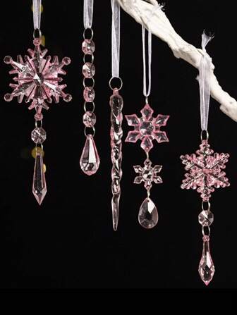 1/5pcs Christmas Snowflake Icicle Ornament, Pink Acrylic Icicle Snowflake Drop Pendant Crystal Hanging Ornaments With Ribbon For Christmas Tree Home Decoration Party Bag Filler Christmas Baubles Christmas Party Christmas Decorations Home Christmas Decorations Christmas Stocking Fillers Room Decor Winter Christmas Decorations Home Christmas Gifts Christmas Decor