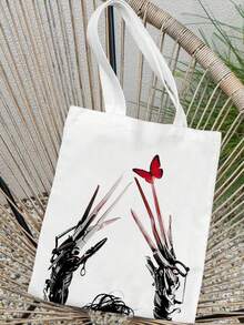 1 pieza, Bolsa de lona con impresión del póster de la película de Halloween "Edward Tijeras de Manos", bolsa de almacenamiento portátil para amantes del cine, diseño de estilo universitario oscuro, bolsa duradera, bolsa de la compra, adecuada para el hogar, compras, viajes, escuela, regalos de 16 in * 14 in, bolsas de Halloween perfectas para fiestas de disfraces