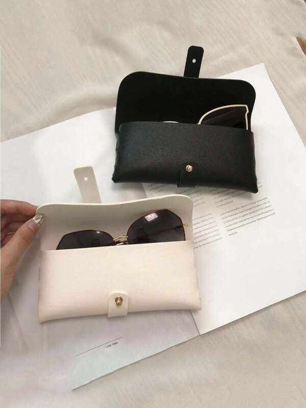 Black And White PU Leather Fashion Eyewear Case - Soft Protective Eyewear Organizer With Gold Snap Button Closure, Casual Style Portable Travel Accessory Organizer, Soft Closure, Easy To Carry Eyewear Pouch For Everyday Use, Accessory Organizer, Minimalist Design