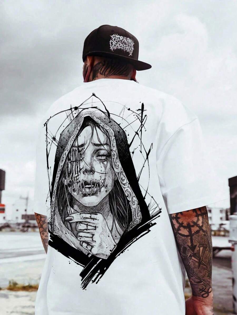 大码男士夏季休闲短袖 T 恤，复古深色风格圆领 T 恤，涤纶面料，适合运动健身