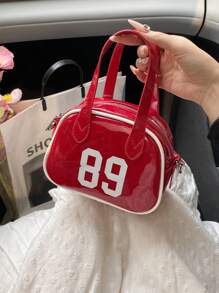 时尚新款女士手提保龄球包，简约别致的数字印花纯色 PU 涂层，带有金属装饰，底部铆钉装饰，双拉链开口，轻巧宽敞，适合旅行、购物、约会
