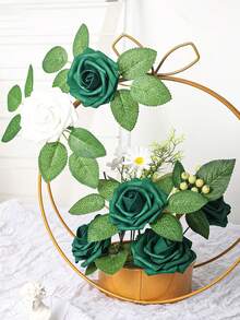 Conjunto com 30 ou 7 unidades de flores artificiais com hastes, flores de espuma verde-escuras, 8 cm de diâmetro, toque realista, rosas de espuma para projetos DIY, ideais para buquês de casamento/decoração de mesas, cenários para festas ao ar livre, decoração de ambientes/mesas, jardins/vasos de plantas, Dia dos Namorados, Dia das Mães, aniversários e também como presentes. - Verde escuro - Ver 3