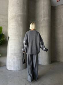 Women Casual Heart Pattern Round Neck Long Sleeve Pullover Top And Long Pants Set, Embroidery Design - Dark Grey - View 7